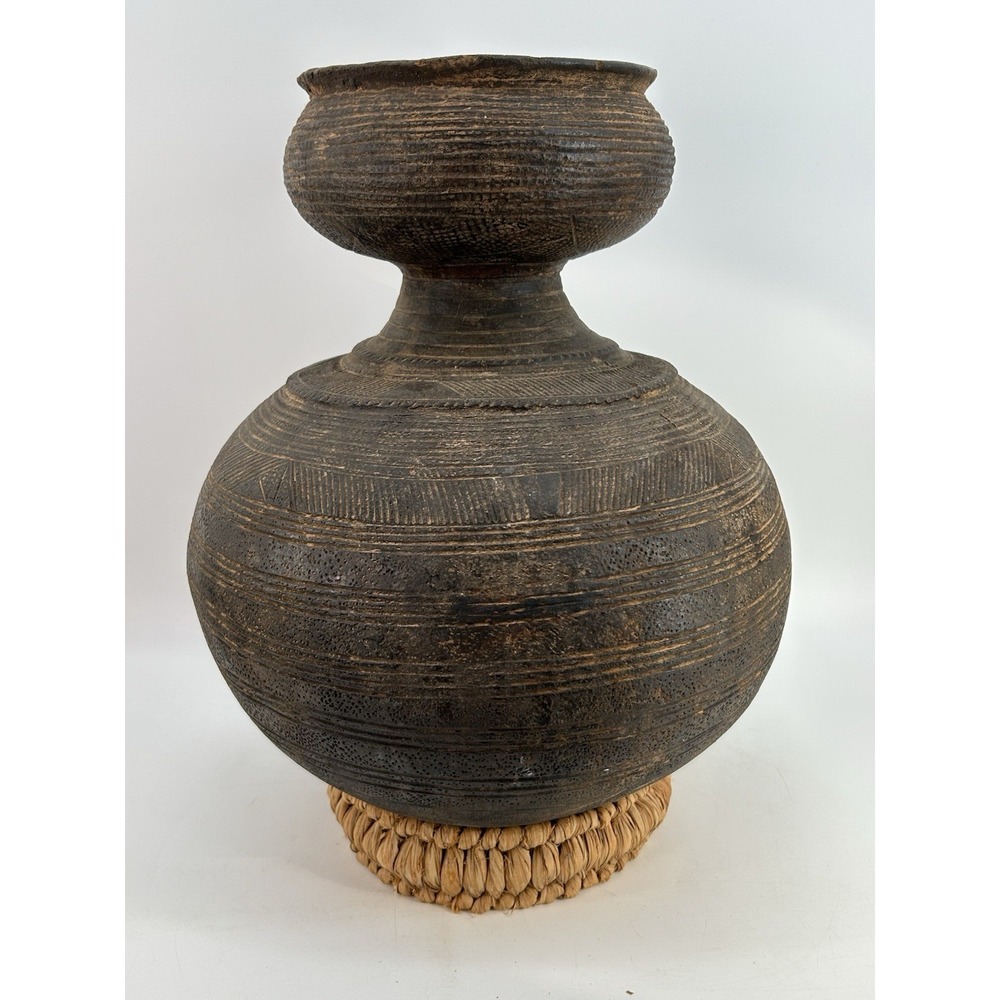 Antique African Nupe Double Gourd Clay Water Vessel W/ Straw Stand Folk Art